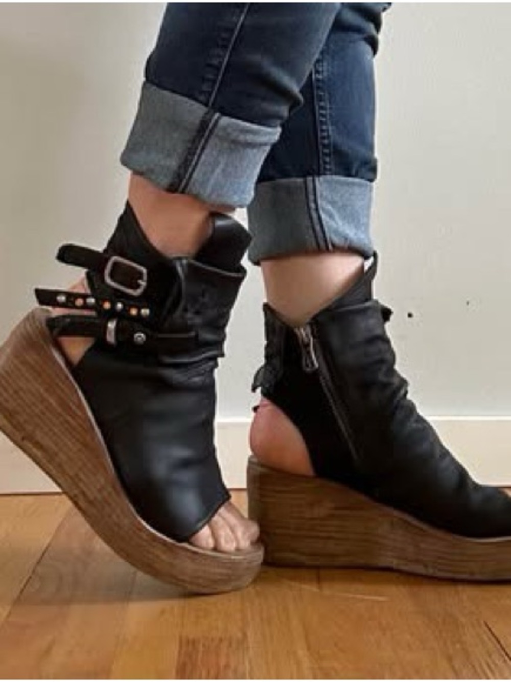 A.S.98 Black Open-Toe Wedge Booties with Wood-Look Platform